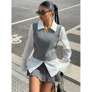 Muchic V-Neck Solid Color Casual Knit Vest For Women, Autumn/Winter